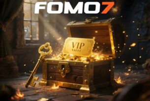 Golden treasure chest labeled VIP Vault overflowing with gold coins and a key, with FOMO7 logo above in a mystical vault setting