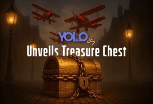 Mysterious golden chest with lock and chain under misty light, red planes above, YOLO247 logo teasing a big surprise